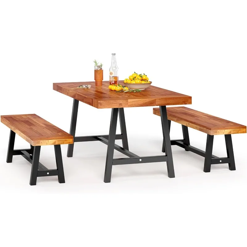 

Outdoor Dining Table and Bench Set Patio Wood Table and Bench Set for 6, 1 x Acacia Wood Dining Table & 2 x Benches, P