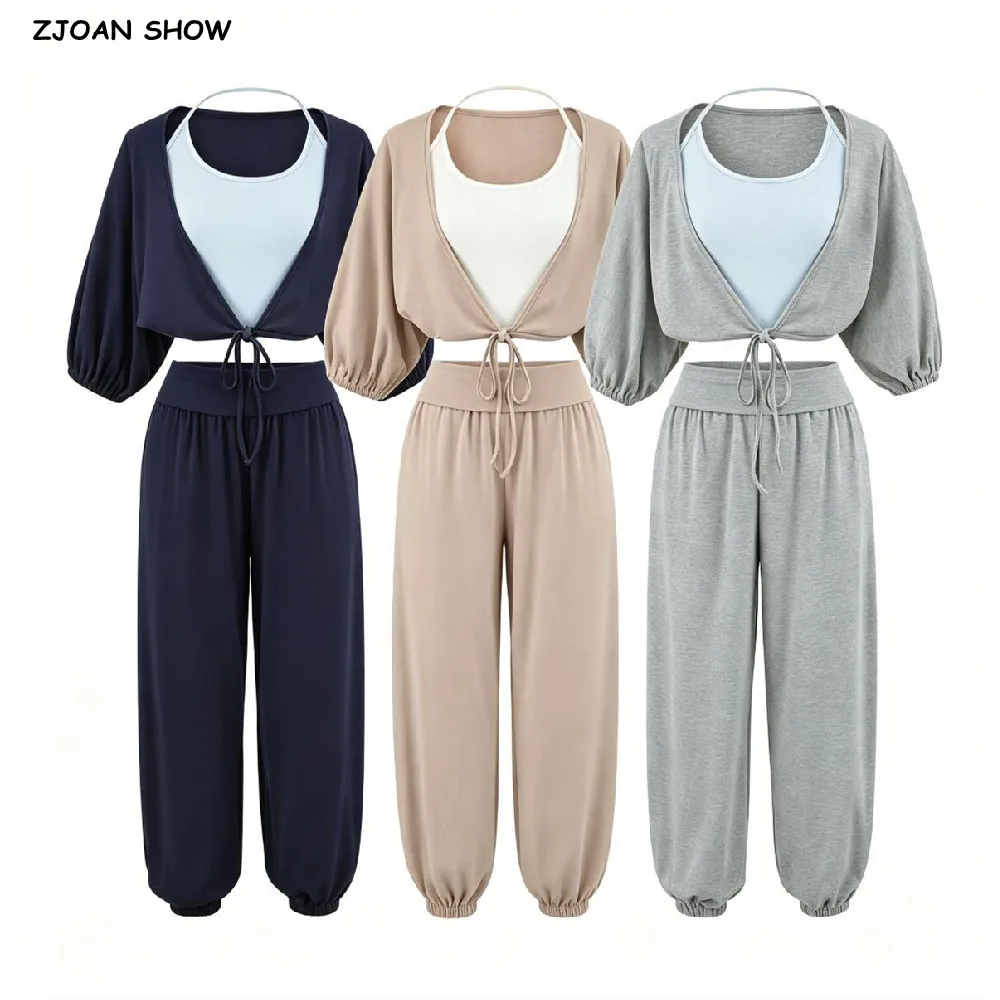 3pcs 1 Set Autumn Contrast color Halter Camis Lacing Up Bow Front Bat Sleeve Cardigan Tee Elastic Waist Sweats Pants Suits