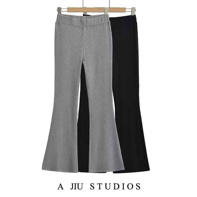 بنطلون نسائي واسع الساق بخصر مرتفع، بنمط كاجوال محبوك، تصميم أمريكي عتيق، مرن ونحيف، بنطلون طويل بأسلوب الشارع #4