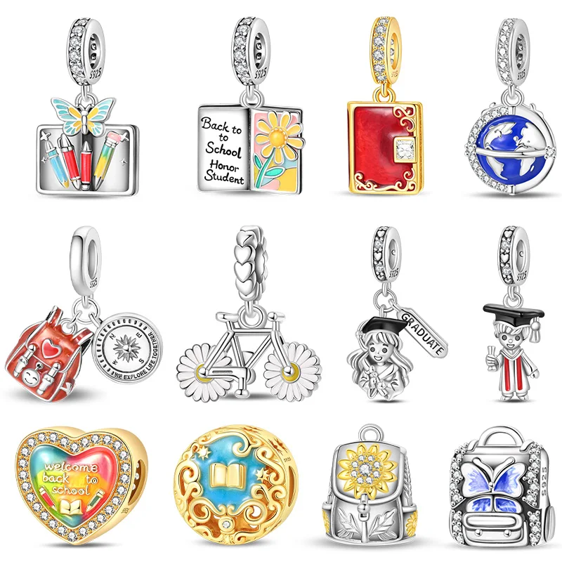 New 925 Sterling Silver Campus Diary Backpack Book Watch Charms Pendant For Women Fit DIY Charm Bracelet DIY Jewelry Gifts