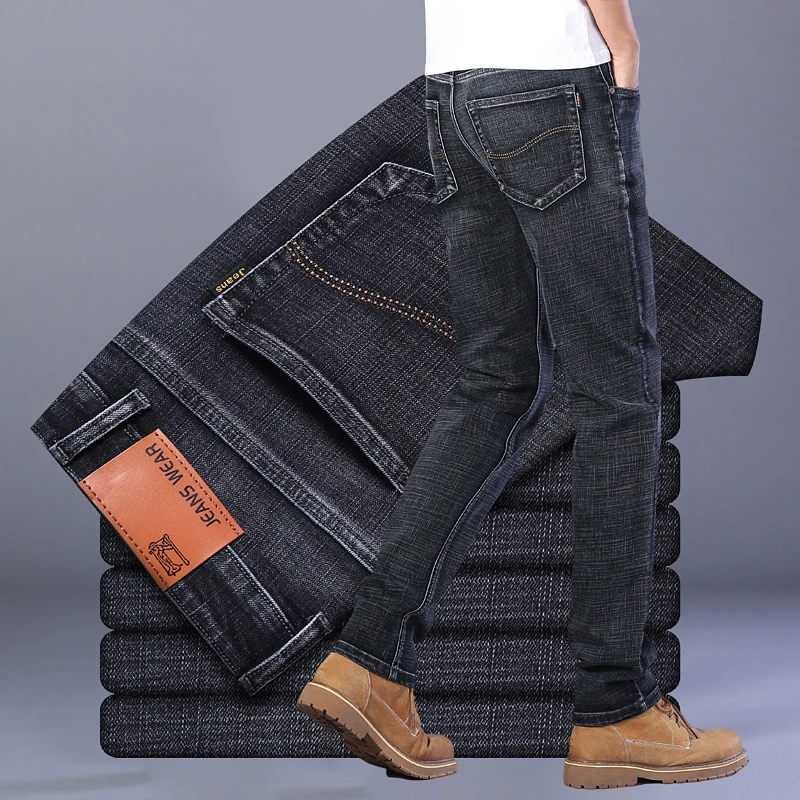 

Business Men's Jeans Classic Casual Stretch Slim Pants Fashion Male Brand Denim Trousers Black Blue pantalones hombre