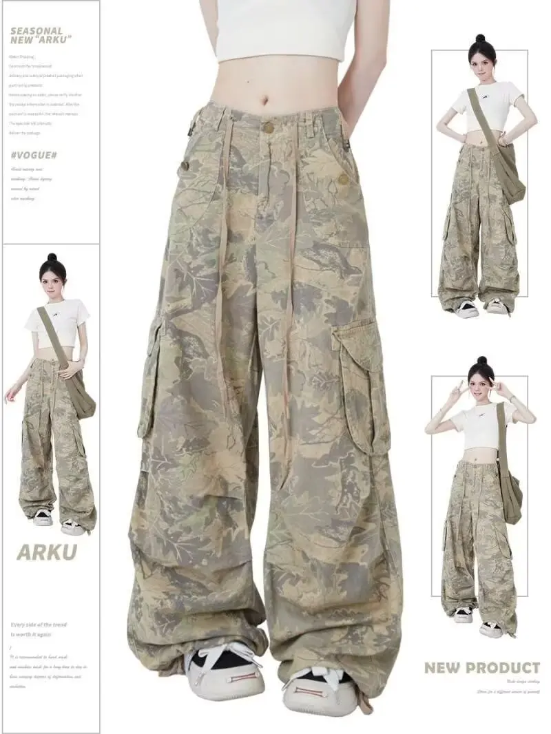 

Новинка 2023 года, камуфляжные брюки-карго, женские уличные брюки Spice Girls в стиле хип-хоп, широкие брюки на шнурке, универсальные брюки полной длины, женские