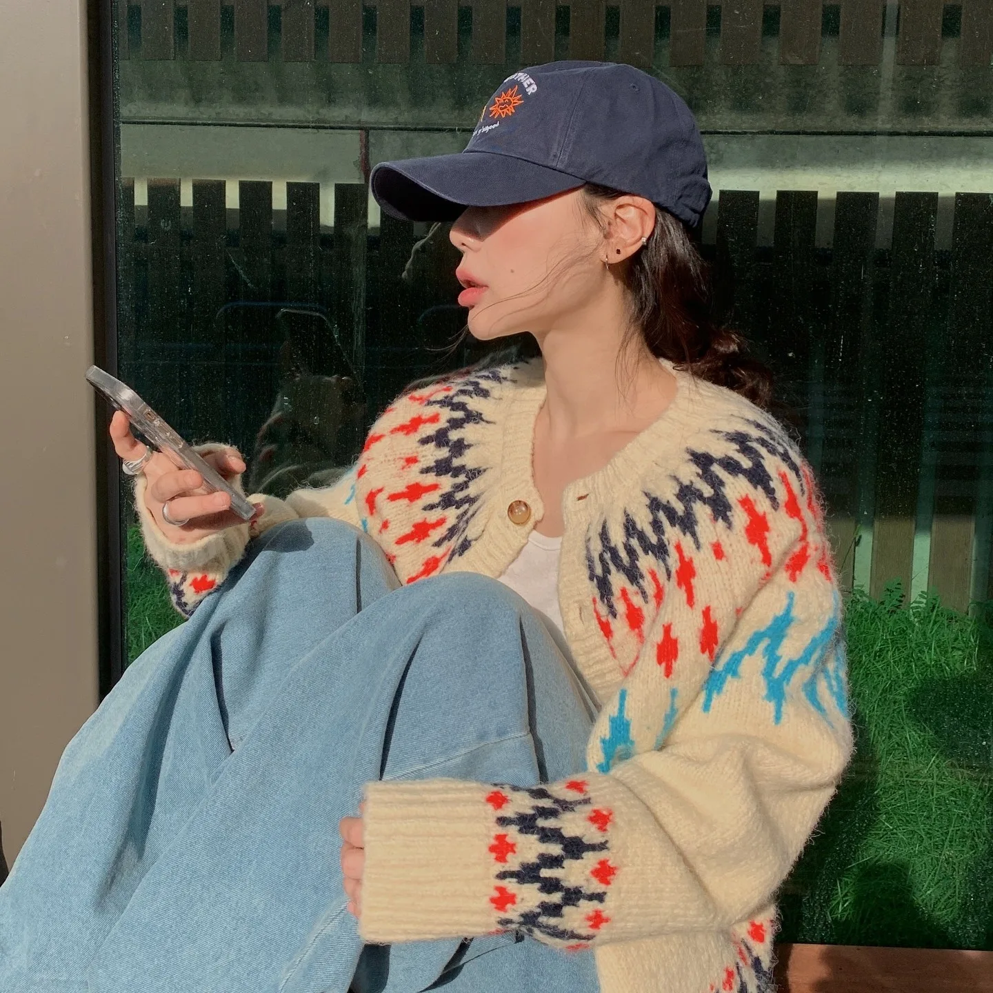 Retro Korean  Knitted Sweater Coat Women's Loose round Neck Lazy Style Contrast Pattern Knitted Outerwear