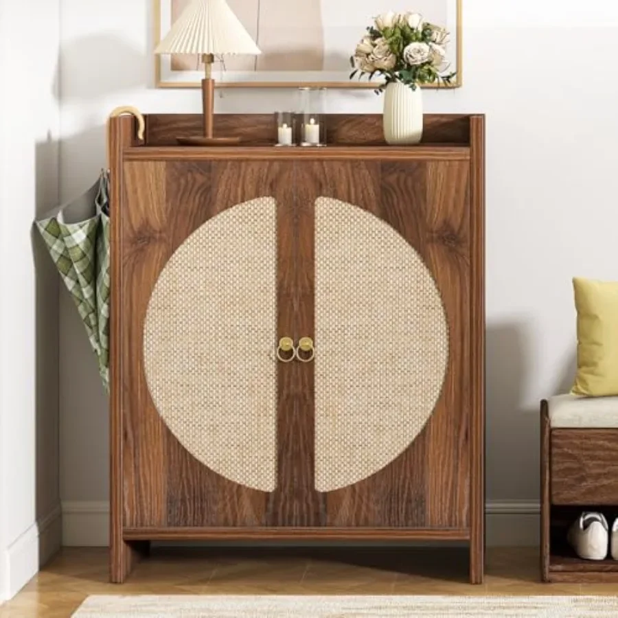 Rattan Shoe Cabinet for Entryway Natural Woven Fiber Storage with Adjustable Shelves, Warm Brown Tone, Space-Saving Stylish Acc