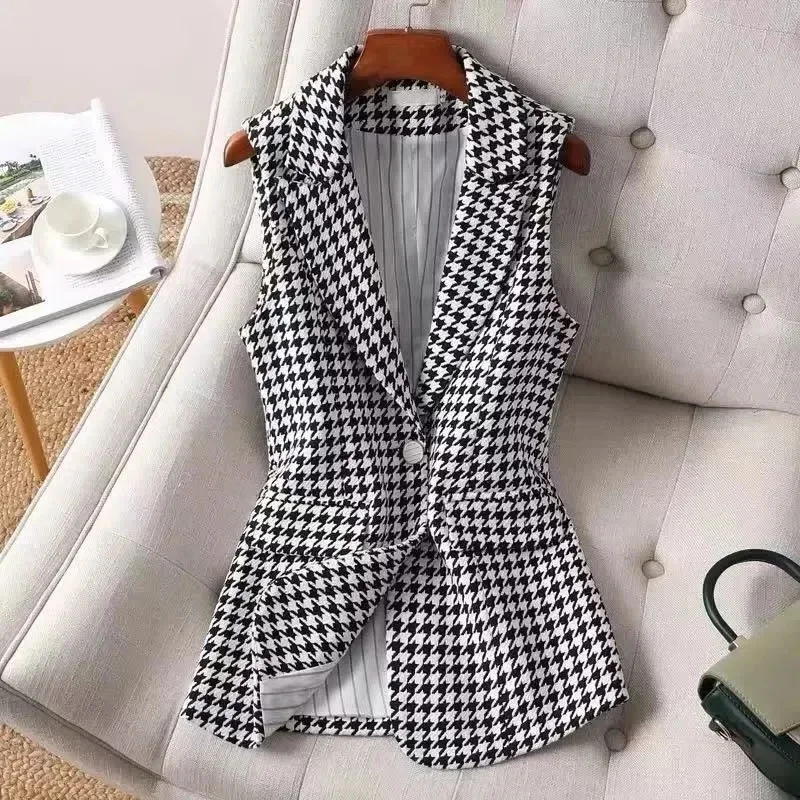 

2024 Autumn Winter New Women Jacket Woolen Vest Female Korean Version Loose Houndstooth Vest Ladies Casual Waistcoat Vest C190