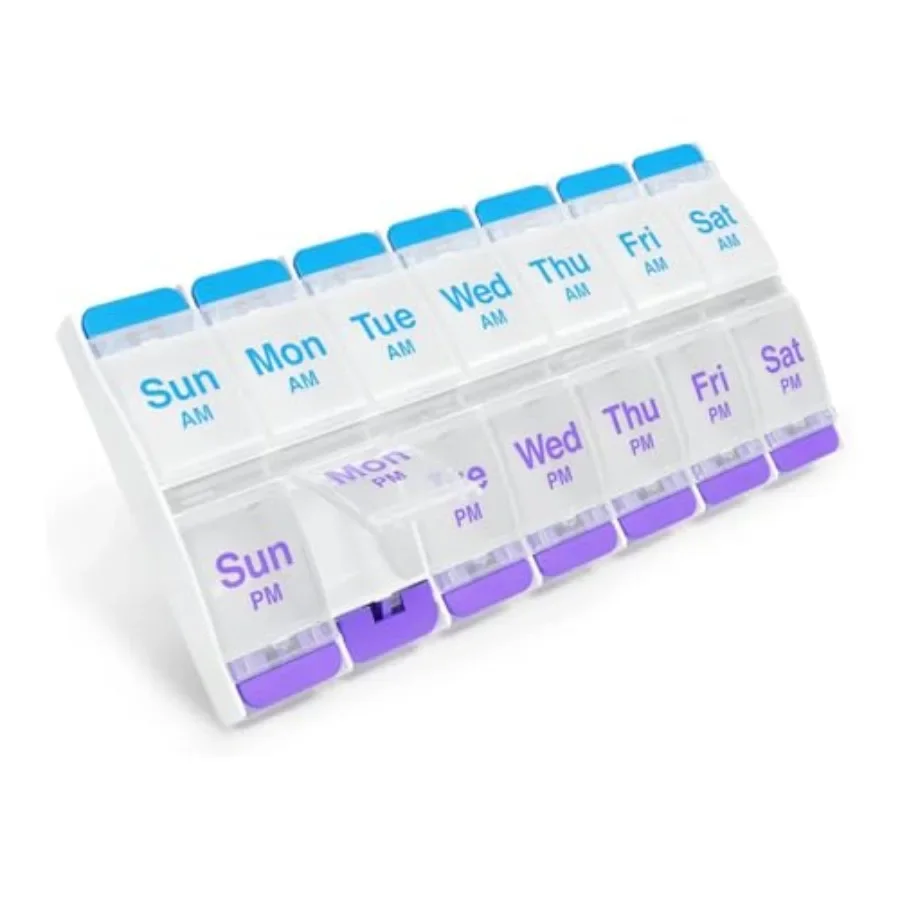Ezy Dose Weekly 7-Day AM/PM Pill Organizer, Case, Daily Vitamin Box and Supplement Medicine Planner, 2 Times a Day Push Button