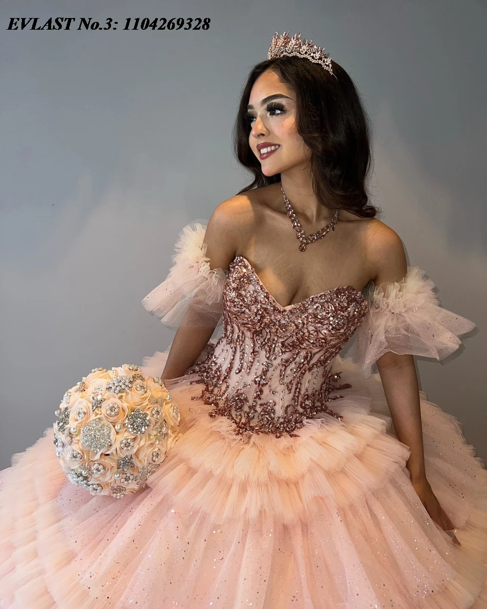 EVLAST personalizado Rosa brillante Vestido para quinceañeras Vestido De baile apliques rebordear volantes corsé dulce 16 Vestido De 15 Anos E3Q363