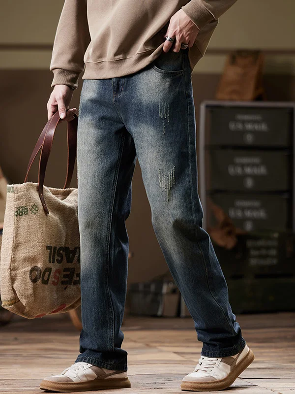 

Мужские джинсы прямого кроя в стиле ретро, свободные, износостойкие, повседневные, больших размеров