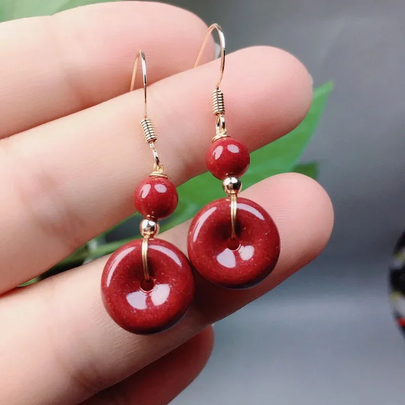 

Customized Natural Red Cinnabar doughnut Beads Earrings Jade RoundAccessories DIY Jewellery Fashion Man Woman Luck Amulet New