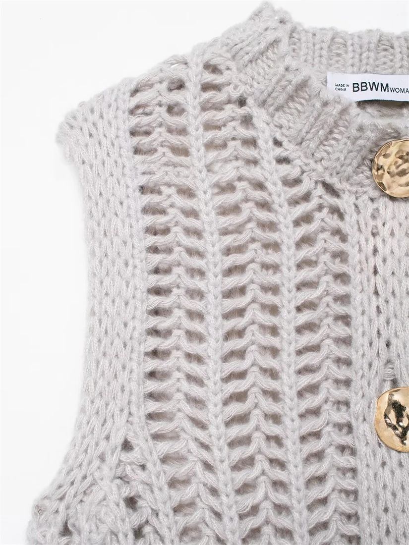 Dames 2025, mouwloze dikke naaldtop in goud met enkele rij knoopontwerp, modieuze nieuwe tops voor dames