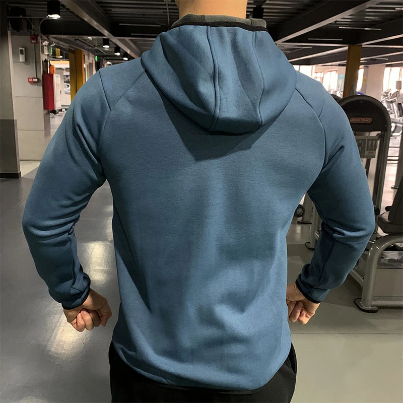 Zipper Up Plush Hoodies Thick Sports Jackets Men's Outdoor Running Hooded Gym Keep Warm Sportwear Coats Fitness Clothing Blue