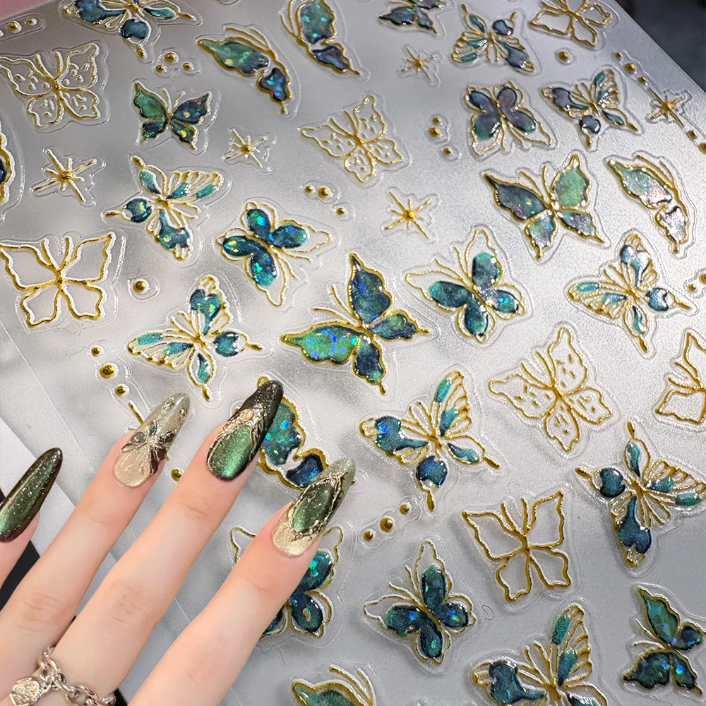 

5D Relief Fantasy Green Butterfly Nail Stickers Bronzing Butterfly Wings Designs Self-Adhesive Sliders Decals DIY Nail Supplies