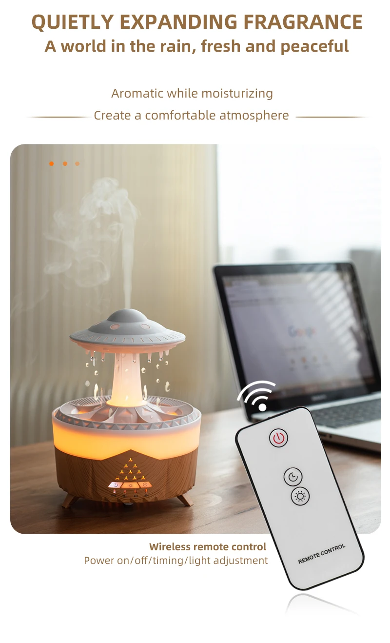 350 ml Aroma Luftbefeuchter Mini USB Fernbedienung Regentropfen Bunte Licht Aromatherapie Zimmer Regen Wolke Aroma Öl Diffusor – Detail 9
