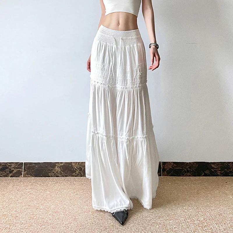 CIBBAR Elegant Lace Stitching Long Skirt Holiday Oversized Loose Low Rise White Floor-Length Skirts for Women y2k Fairycore Lady