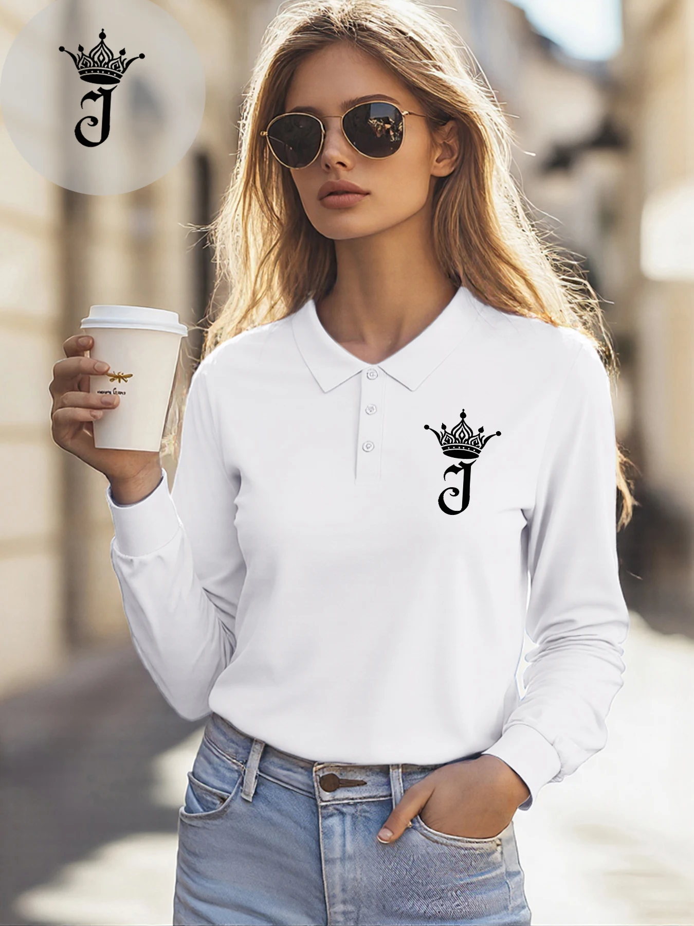 Corona letra J diseño Simple Y2K mujer Polo camisas de solapa de negocios cultura Hip Hop mujer ropa suave Golf manga larga