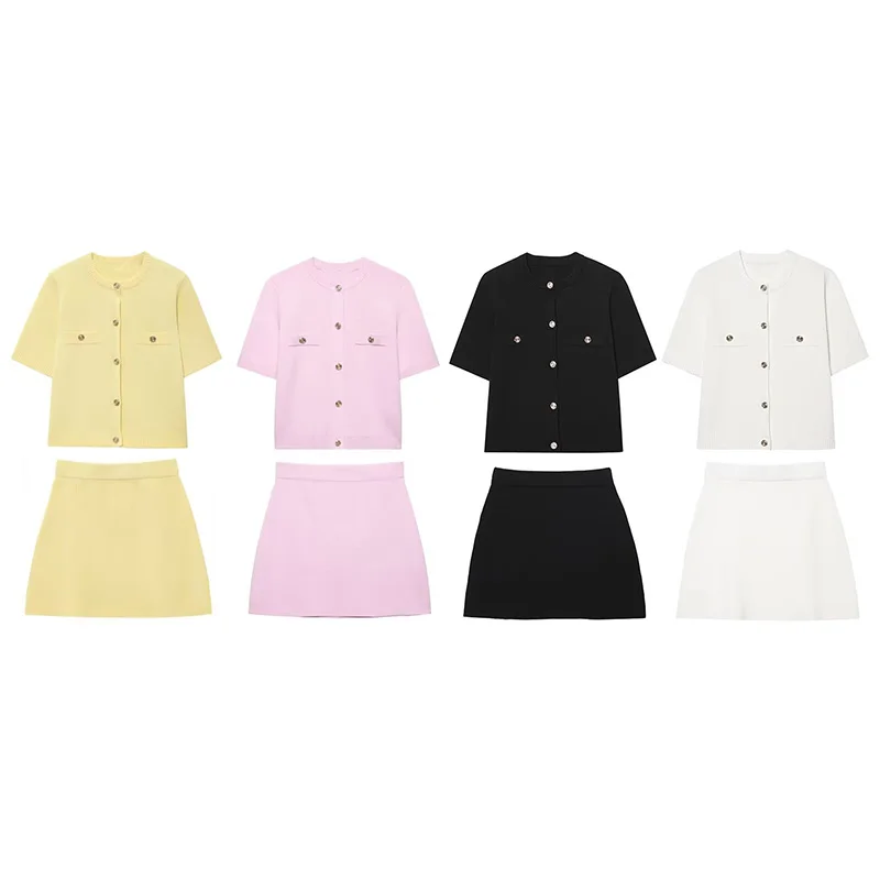 夏の女性のスーツ半袖ニットカーディガントップハイウエストミニスカート 2025 新ファッションカジュアルトップとスカート 2 枚セット