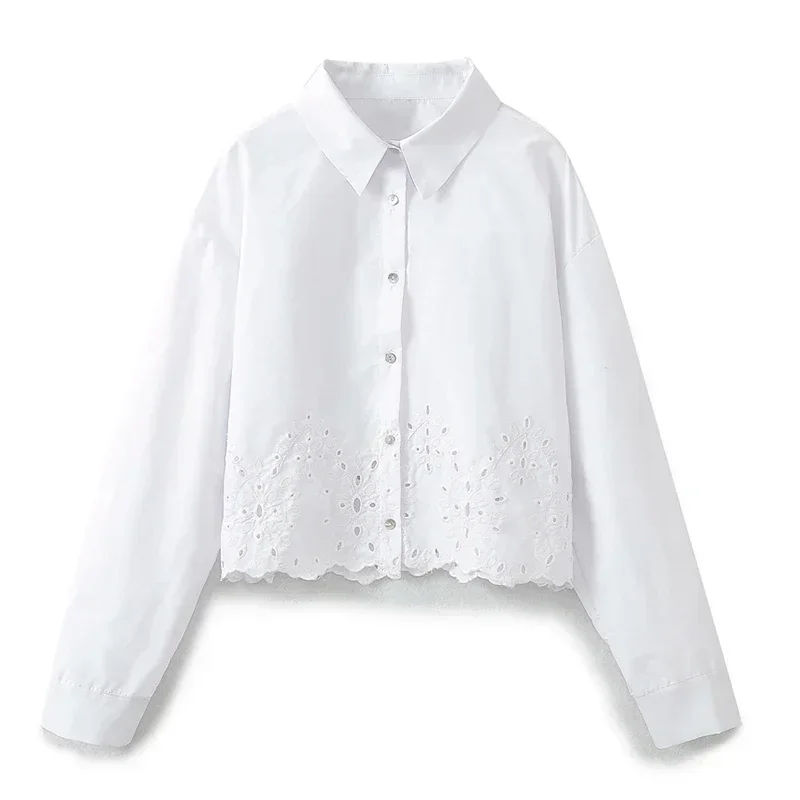 Plain Flower Embroidery Hollow Out Shirt Autumn Loose Women Casual Tops Elegant Office Lady Clothing Shirts Blouse Simple White