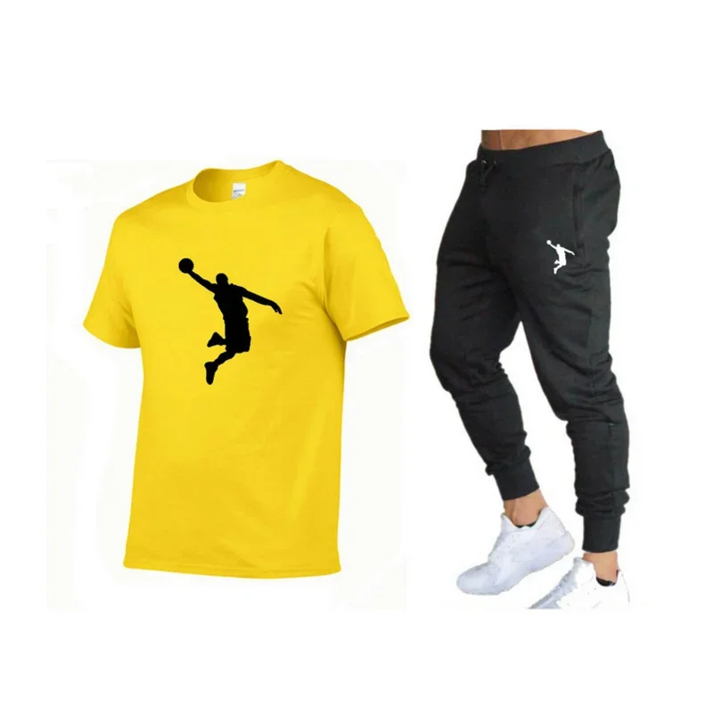 Ropa deportiva de Hip-hop para hombre, Conjunto de camiseta y pantalones, traje de Fitness para correr, camiseta informal, cuello redondo, verano,