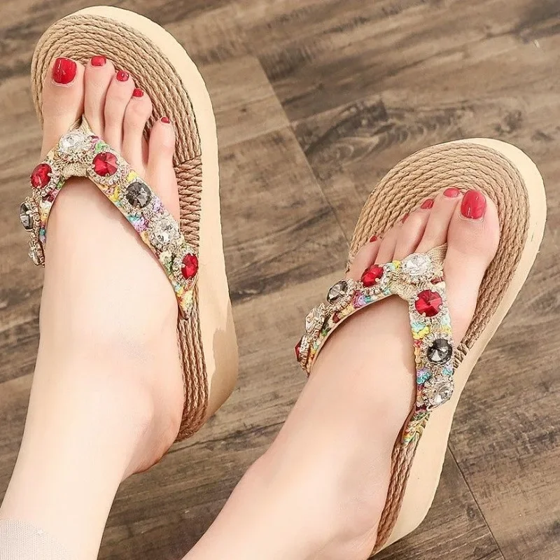 Sandals Rhenstone Jewels Woman Slippers Crystals Slides Height Korea Style Shoes For Women Waterproof Novelties But Cheap 39