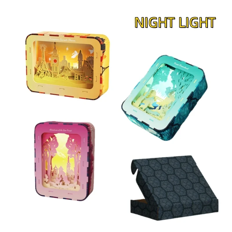 Bloques de construcción de arquitectura de madera, luz LED nocturna, vista de calle, modelo multicolor, montaje de escritorio creativo, ladrillos MOC, regalo DIY