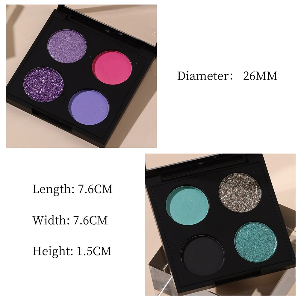 Paleta de sombras com 4 cores, marca própria, 4 cores, logotipo personalizado, sombras foscas brilhantes, faça você mesmo, iluminar, maquiagem à prova d'água de alto brilho