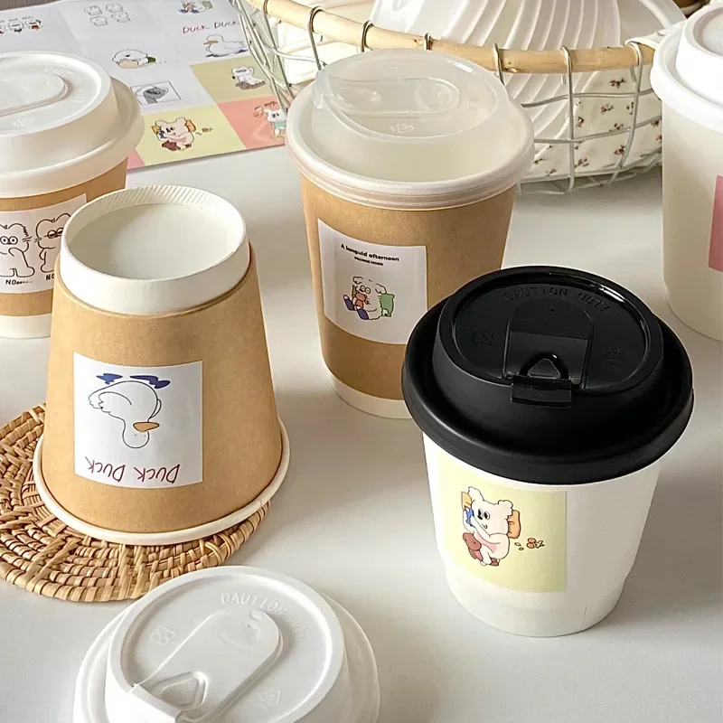 

50pcs Cartoon Sticker Coffee Mug Double Layer Kraft Paper Cup for Disposable Fresh Milk Juice Thick Hot Milk Tea Takeaway Cup