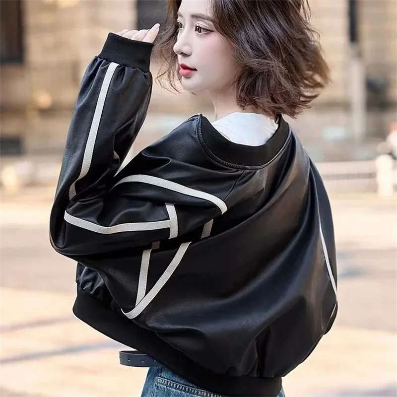 2025 dames couleur blocage veste de Baseball automne femme loisirs PU cuir manteau rétro femmes mode lâche Faux cuir vêtements d'extérieur