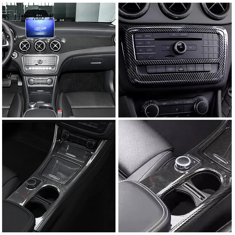 

For Mercedes Benz GLA X156 CLA C117 2013-2019 Car Carbon Fiber Center Console Dashboard Gear Shift Water cup CD Panel Cover Trim