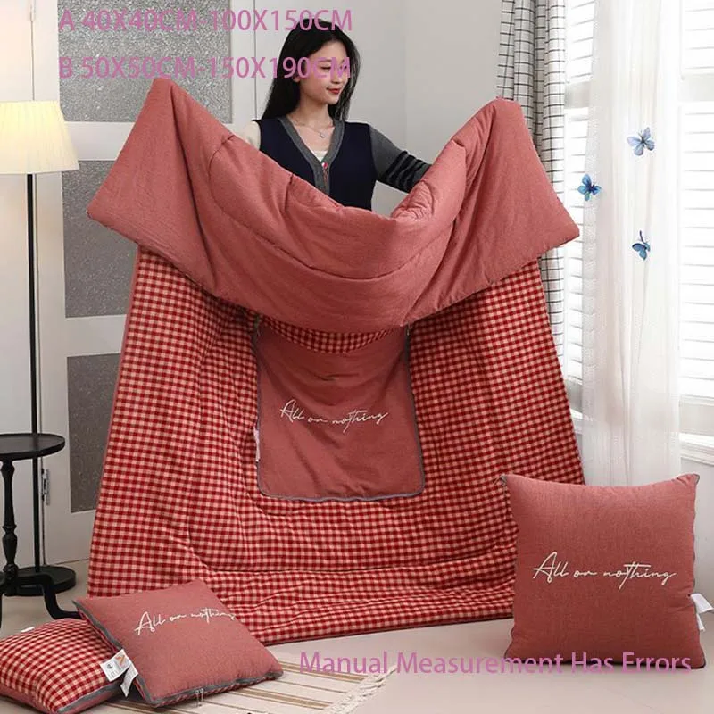 Plaid Letter Print Pillow Blanket 2 in 1 Foldable Cushion Quilt Dual Use Portable Air Conditioning Blanket Office Sofa Travel