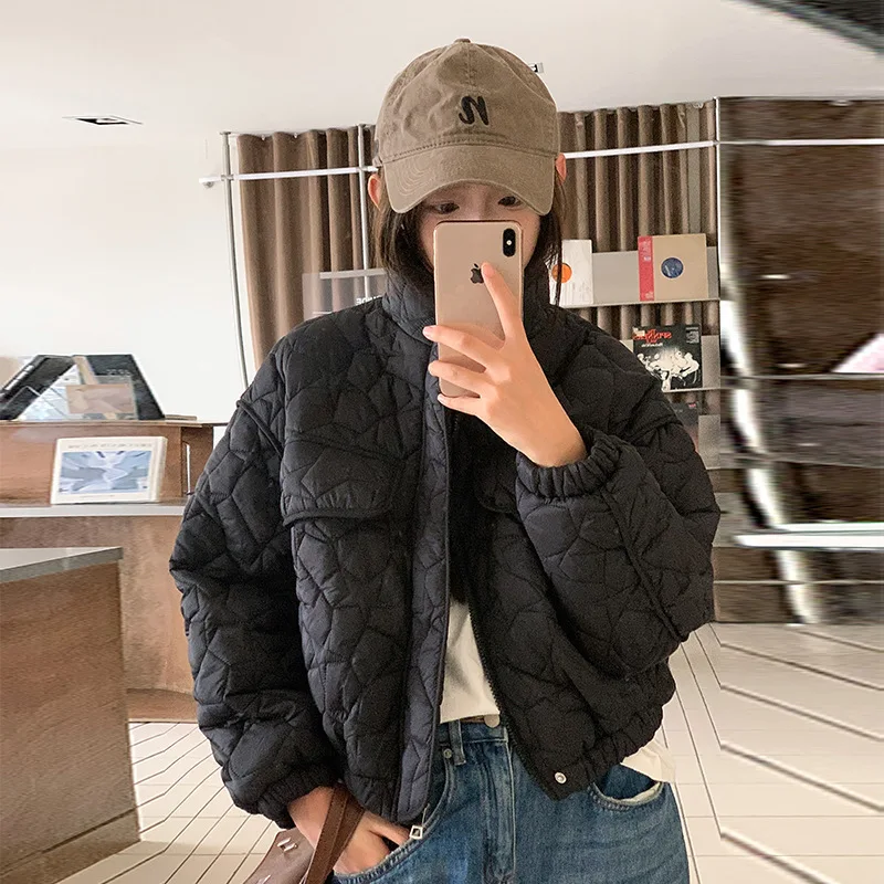 Design Drawstring Waist-Fitted Short Cotton Jacket Loose High-Neck Long-Sleeve Outerwear for Women Autumn Winter Quilted Jacket