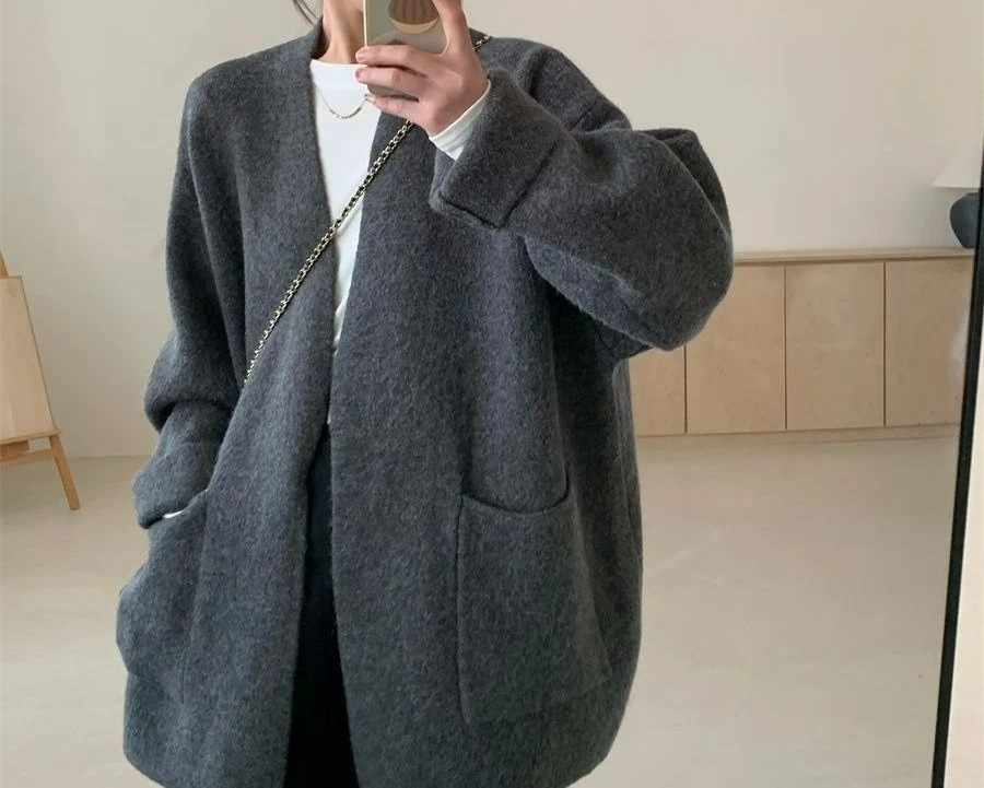 Early Autumn New Gray Knitted Cardigan Loose Lazy Style Long Versatile Design Sweater Jacket Women
