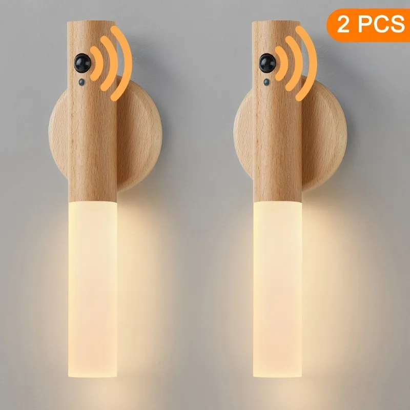 usb Rechargeable Dimmable led Wooden Sensor Night Light2pcs