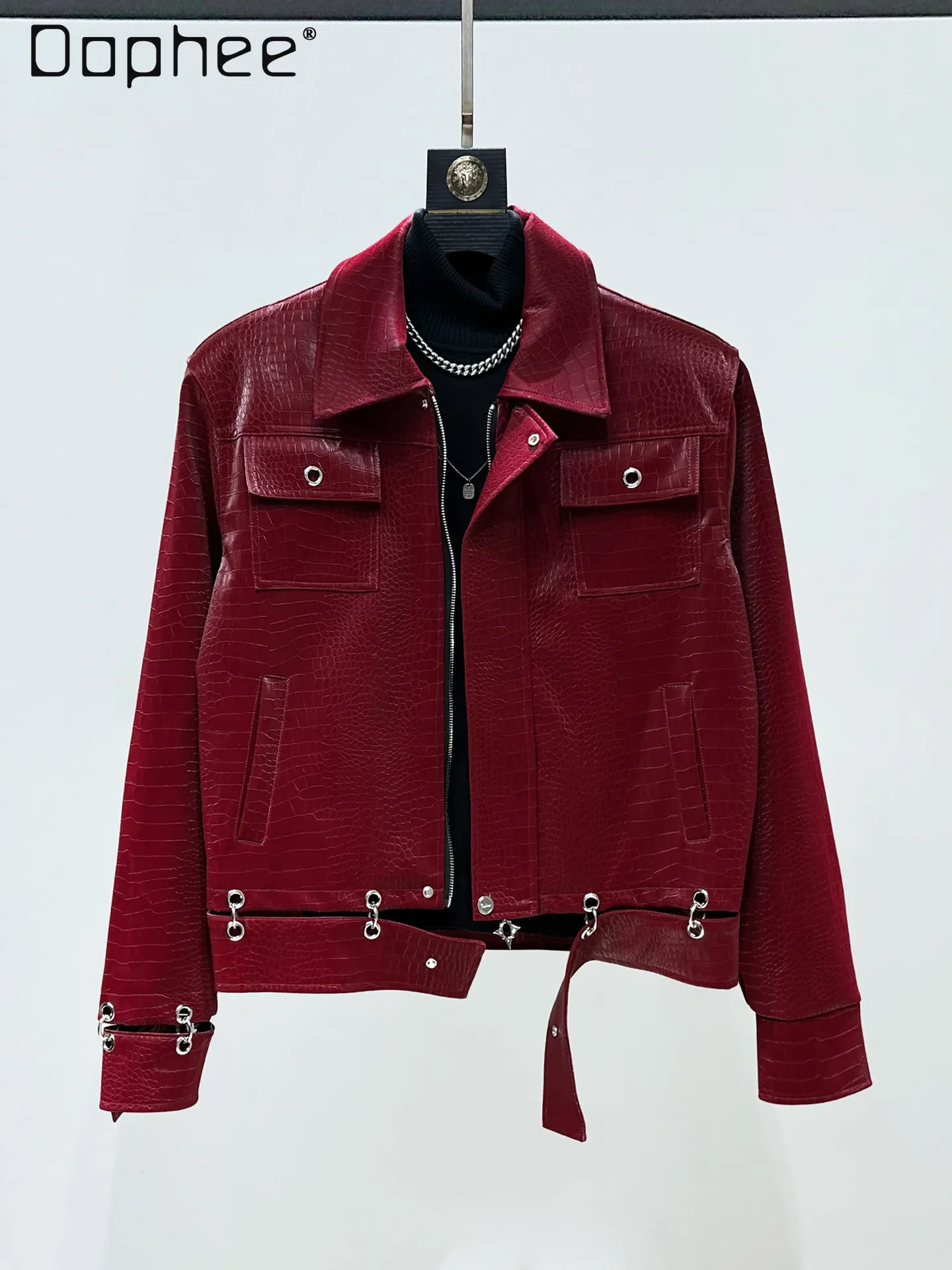 

Spring Autumn Korean Street Punk Style Men's Metal Decoration High-end Red Black White Crocodile Pattern Pu Leather Jacket