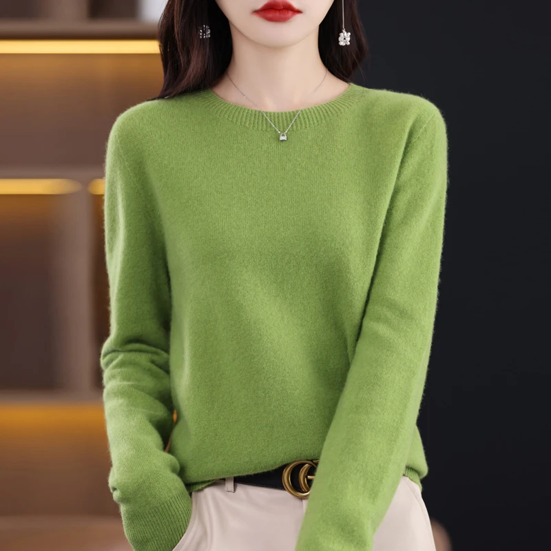 Wool Cashmere Sweater Women's O-Neck First Line Garment Pullover Spring/Autumn Loose Warm Knit Long Sleeve Solid Color Basic Top