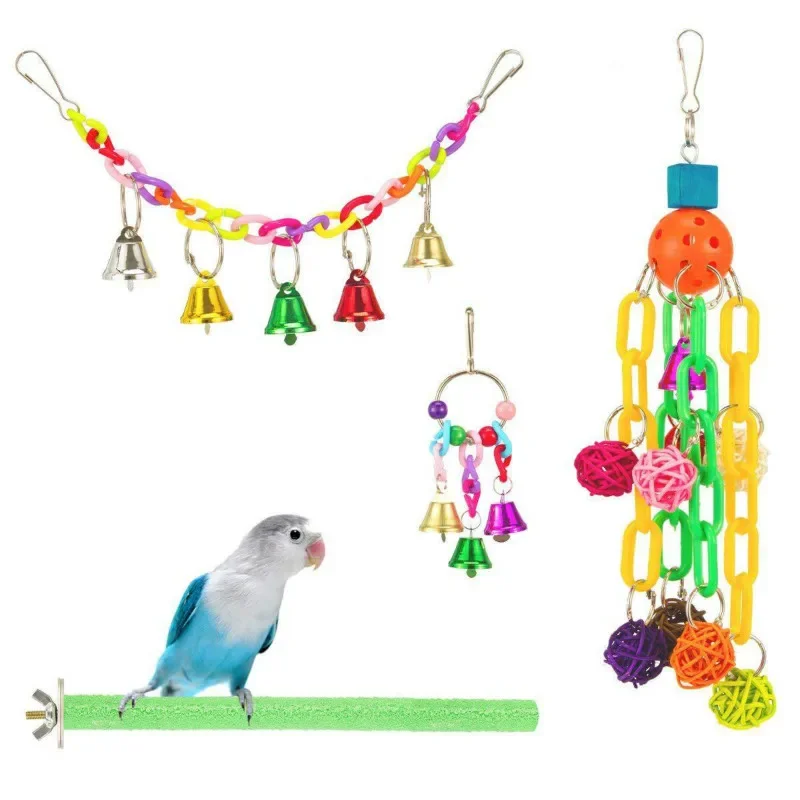 Parrot Bite Toy Pet Bird Suspension Bridge Matte Rod Vine Bal Bell String Swing Stand 4-Piece Set