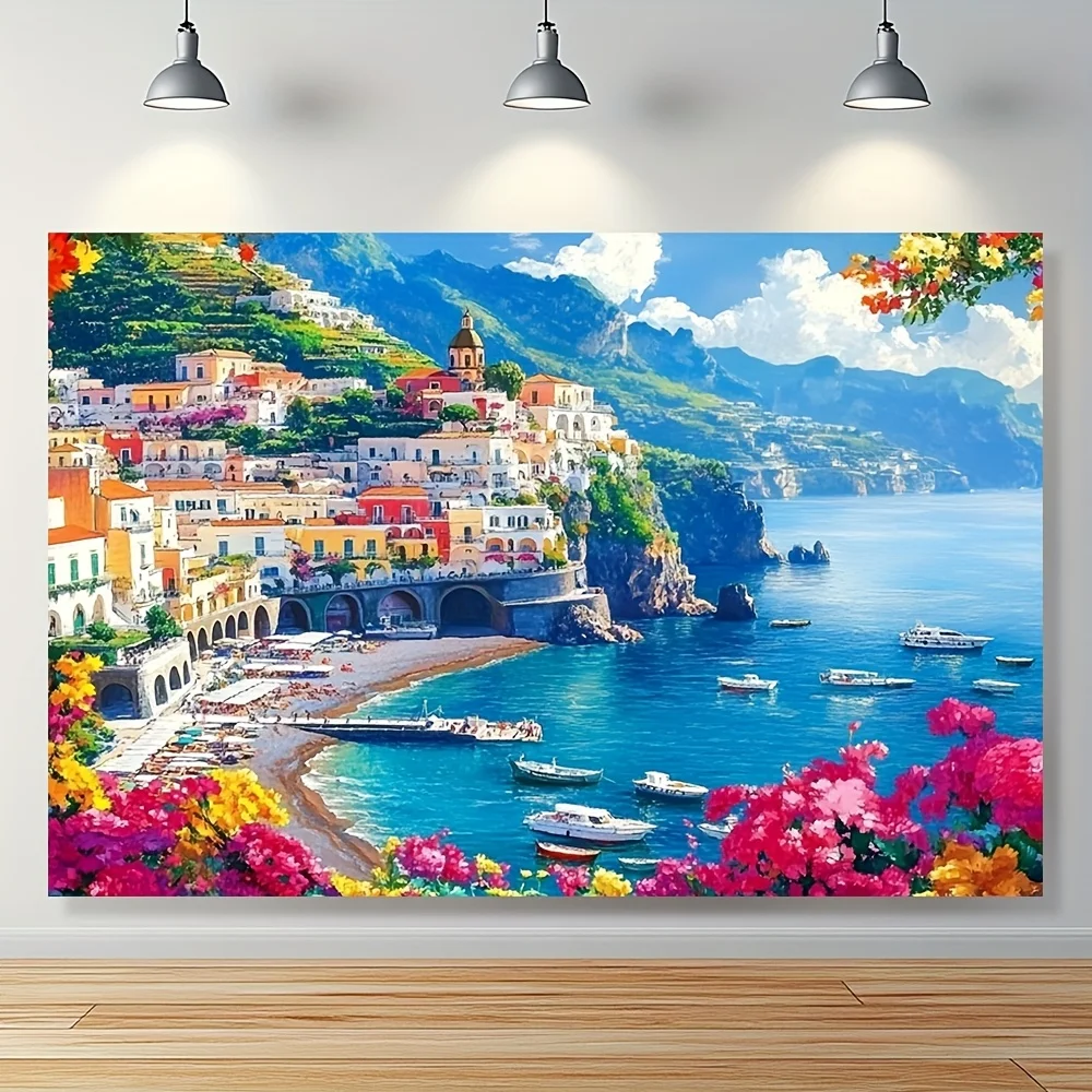 Ein lebendiger Amalfi-Küsten- und floraler Polyester-Hintergrundstoff, perfekt für Heim- und Partydekoration