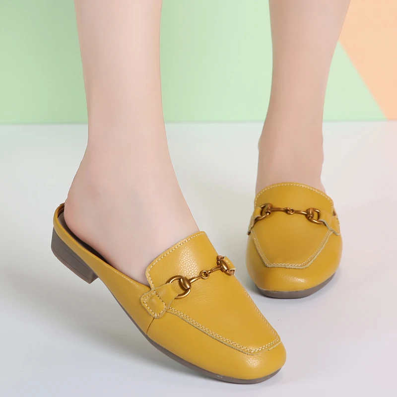 Luxury Brand Women Mules Slip On Half Shoes Loafers Ladies Flats Leather Slippers Slides Summer Flat Shoes Female 2023 Fashion