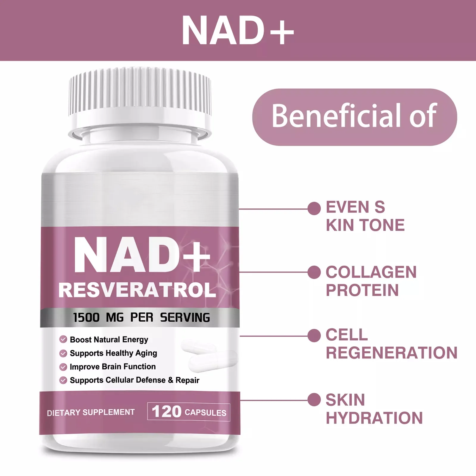 1-5Bottles NAD Resveratrol Supplement 1500 Mg 120 Capsules, Anti-Aging, Antioxidant Natural Cell Regeneration Capsules