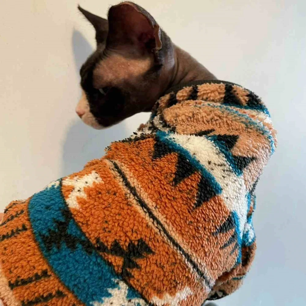 Zip-up Jacket Vintage Christmas Sweater Jacket for Hairless Cat Winter Warm Fleece Coat for Sphynx Cat Devon Rex  Soft Pajamas