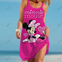 Women's Causal O-neck sleeveless ruffled mini skirt Bohemian Mickey Mouse printed beach sun skirt plus size loose fitting dress