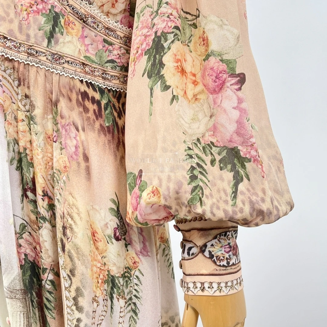 فستان متوسط الطول بأكمام طويلة ورقبة على شكل حرف V باللون البيج للنساء 2025 حرير جديد عالي الجودة #6