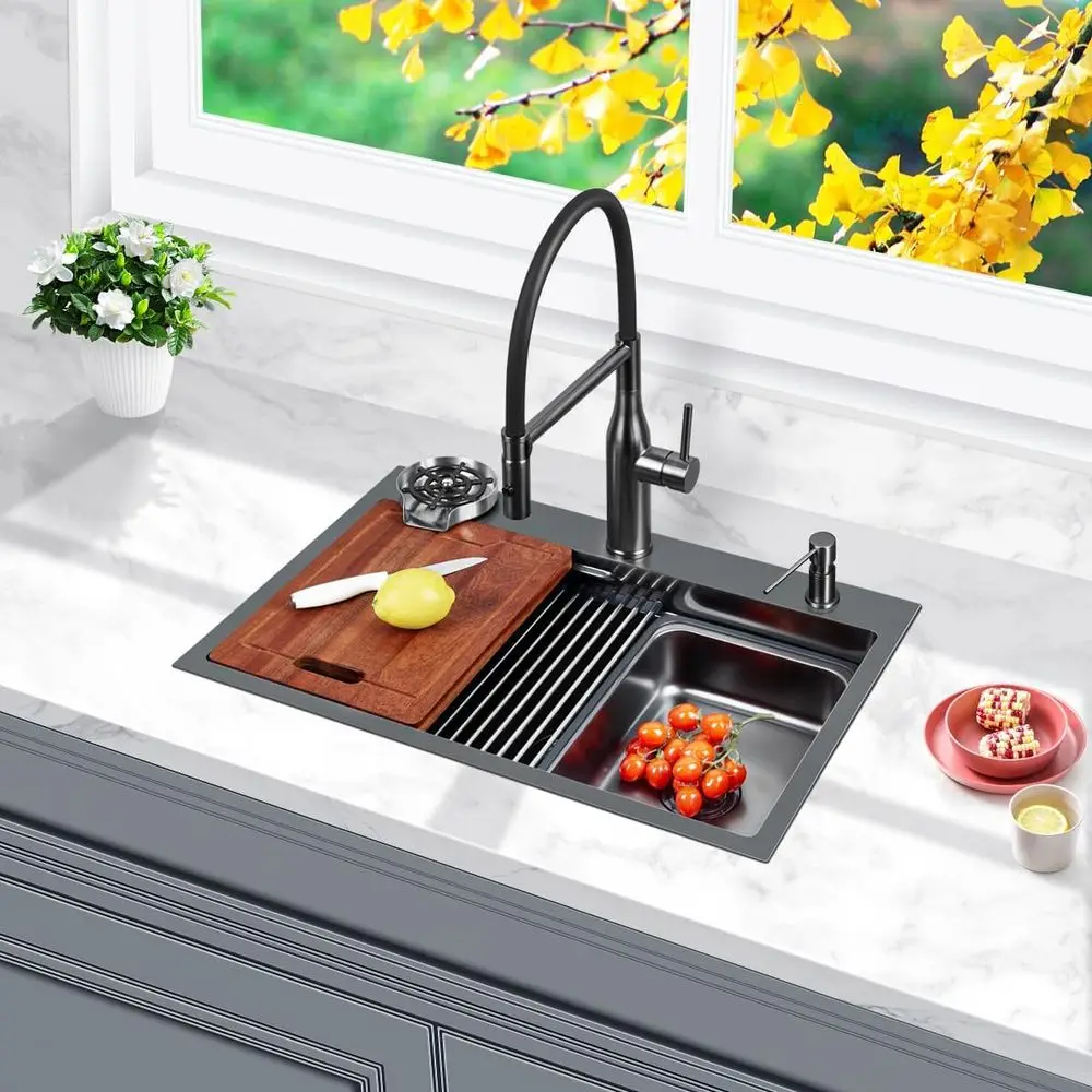 

26-дюймовая черная мойка ручной работы из нержавеющей стали с матовым нанопокрытием, одинарная чаша для установки в столешницу, для небольших кухонь или использования на улице