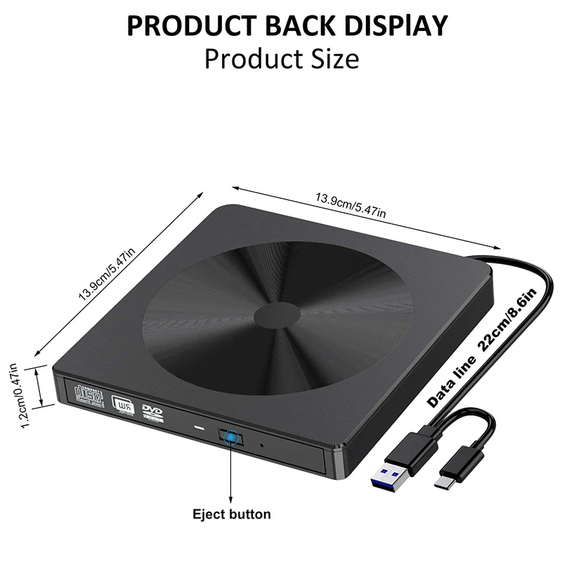 Unidade de DVD Bluray Externo Portátil, USB 3.0 e Tipo-C, Blu-Ray Burner, DVD Burner, Slim, 3D