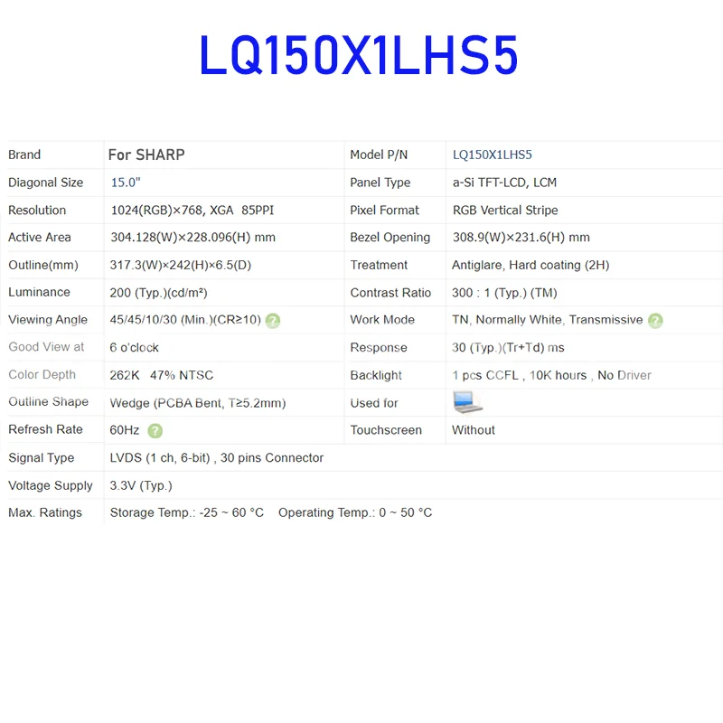 LQ150X1LHS5 15.0 Inch LCD Display Screen Panel Original for Sharp Brand New 30 Pins Connector Fully Tested