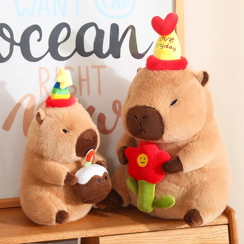 

Party Brown Capybara Doll Holding Bubble Tea Flower Birthday Cake Hat Dressed Cartoon Animal Plushie Love You Happy Everyday