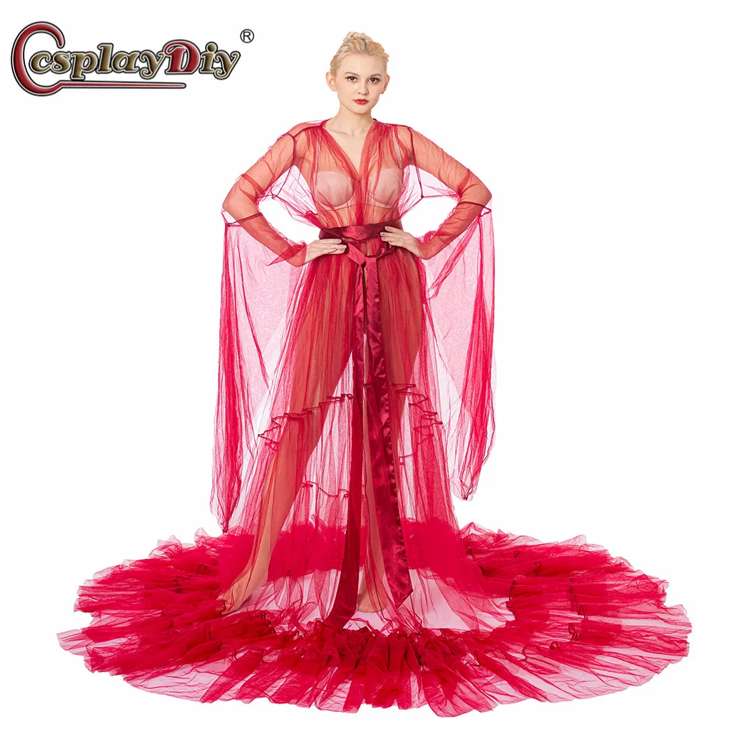 Long Bridal Boudoir Bridal Robe Red Dress Wedding Scarf Evening Gown Bathrobe Fur Trim Costume Lingerie Robe Sexy Nightgown