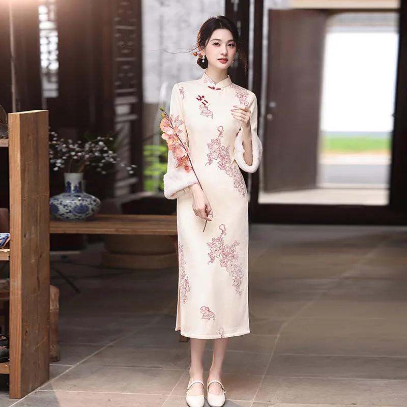 New Chinese Style Suzhou Long Sleeved Cheongsam Winter Thick Style Improved Young Style Women's High-end Qipao Dress