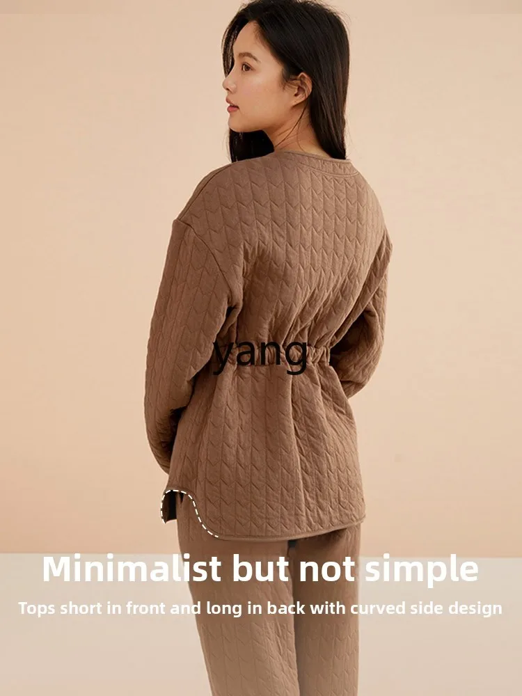 LMM cotton knitted round neck pure cotton long sleeve lace-up pajamas cotton suit women