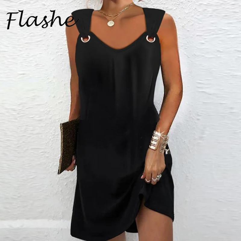 Summer Casual Mini Dress Women Elegant Sleeveless Loose Party Dress Black Fashion Beach Party Print Dresses