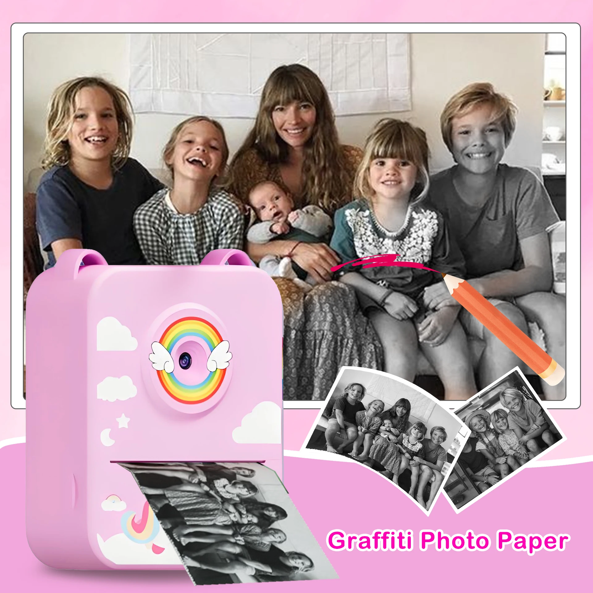 Aparat fotograficzny dla dzieci Przenośny mały aparat fotograficzny z natychmiastowym drukiem, 3 rolki papieru do drukowania, prezent dla chłopców i dziewcząt